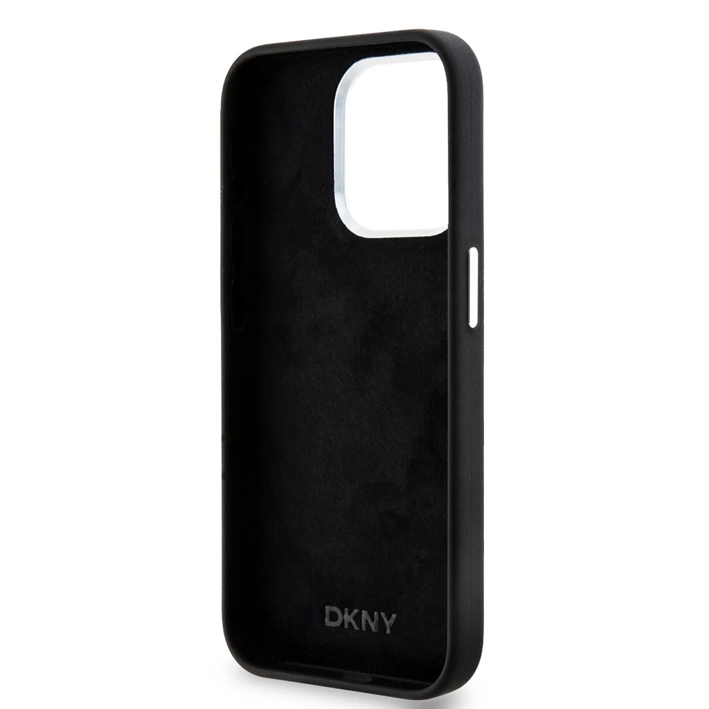 DKNY Liquid Silicone Silver Metal Logo MagSafe tok iPhone 15 Pro készülékhez fekete