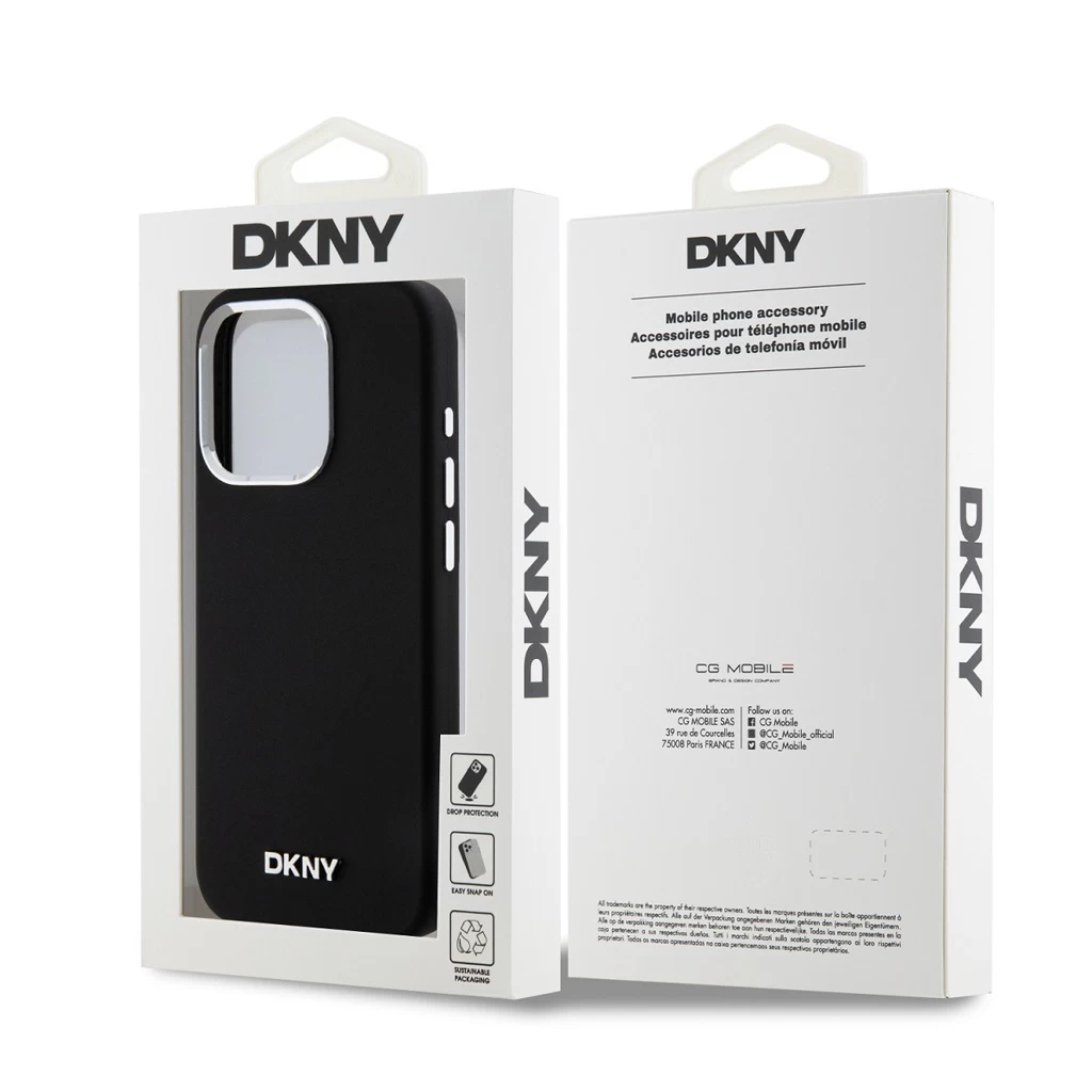 DKNY Liquid Silicone Silver Metal Logo MagSafe tok iPhone 15 Pro készülékhez fekete
