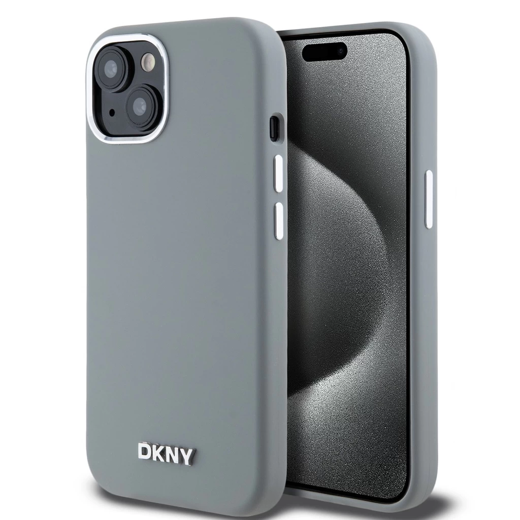 DKNY Liquid Silicone Silver Metal Logo MagSafe tok iPhone 15 készülékhez szürke