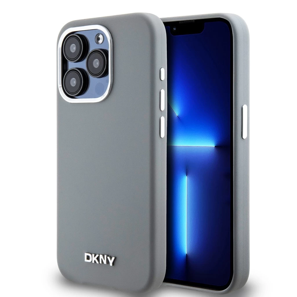 DKNY Liquid Silicone Silver Metal Logo MagSafe tok iPhone 15 Pro készülékhez szürke