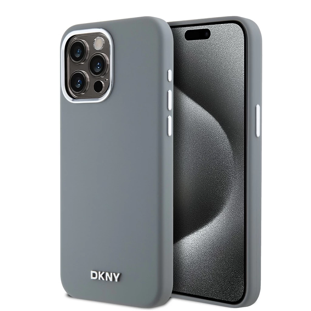 DKNY Liquid Silicone Silver Metal Logo MagSafe tok iPhone 15 Pro Max készülékhez szürke