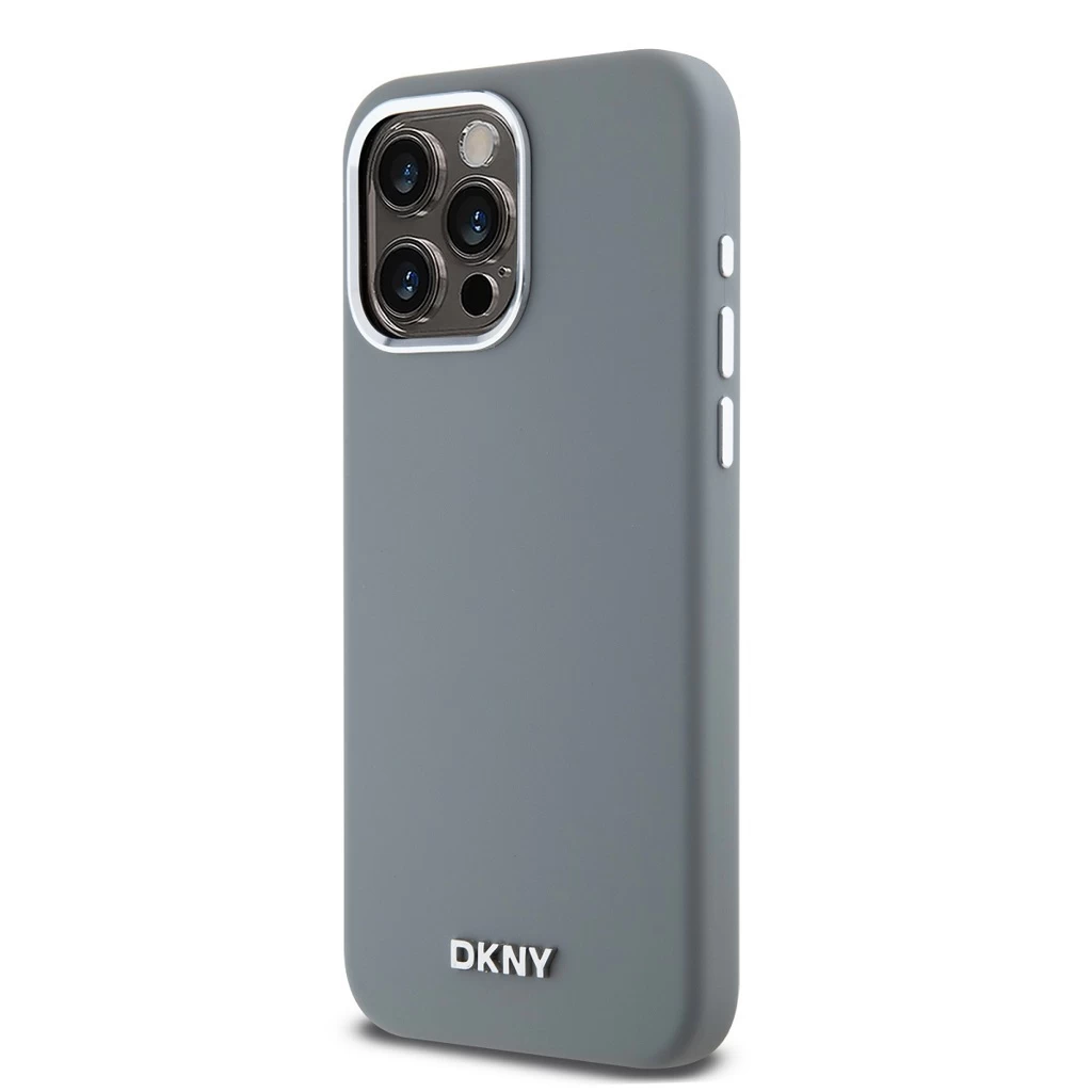 DKNY Liquid Silicone Silver Metal Logo MagSafe tok iPhone 15 Pro Max készülékhez szürke