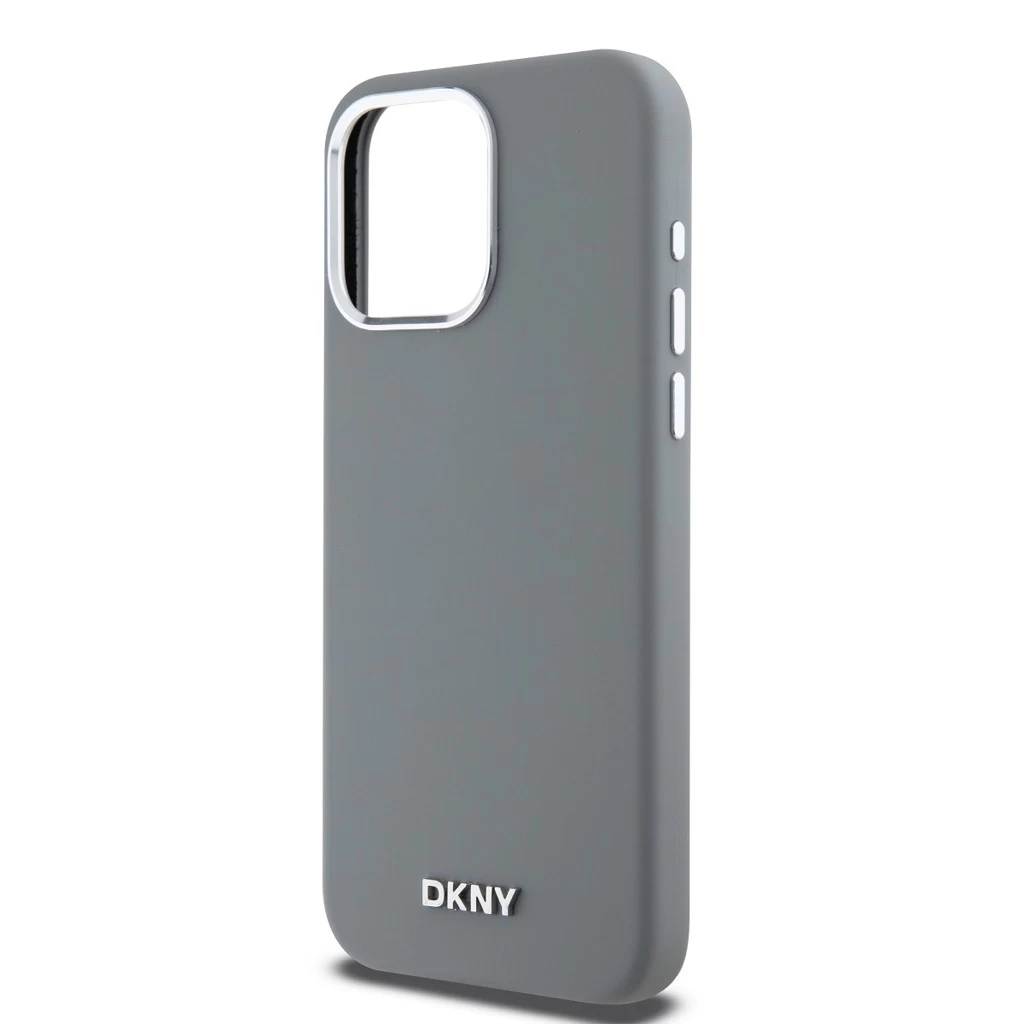 DKNY Liquid Silicone Silver Metal Logo MagSafe tok iPhone 15 Pro Max készülékhez szürke