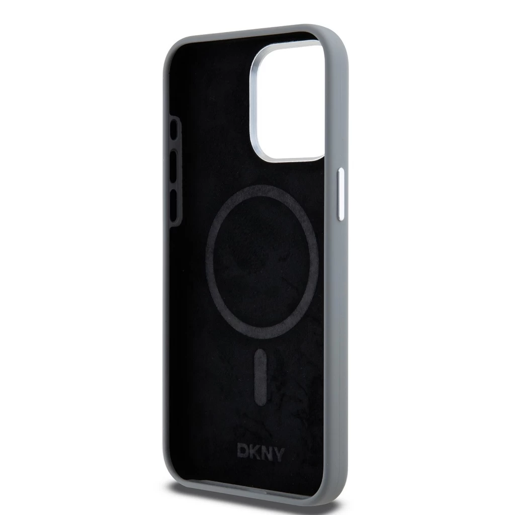 DKNY Liquid Silicone Silver Metal Logo MagSafe tok iPhone 15 Pro Max készülékhez szürke