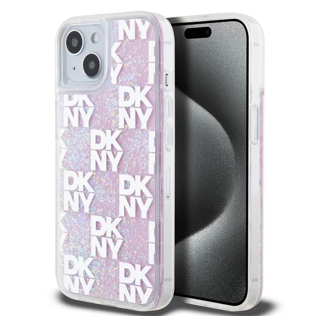 DKNY Liquid Glitter Checkered Pattern tok iPhone 15 készülékhez rózsaszín