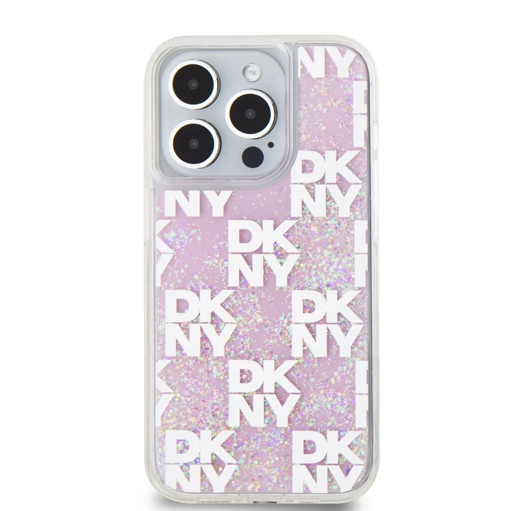 DKNY Liquid Glitter Checkered Pattern tok iPhone 15 Pro készülékhez rózsaszín