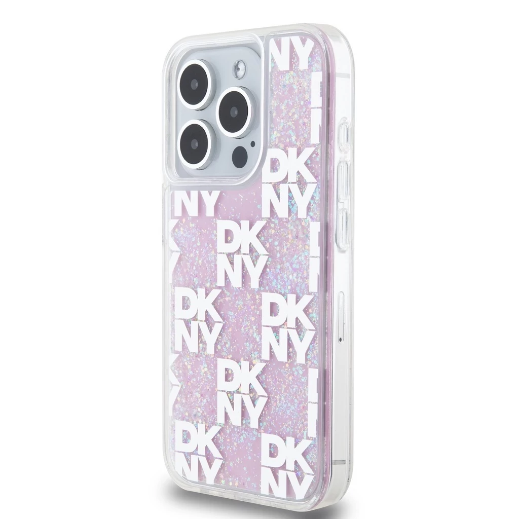 DKNY Liquid Glitter Checkered Pattern tok iPhone 15 Pro készülékhez rózsaszín