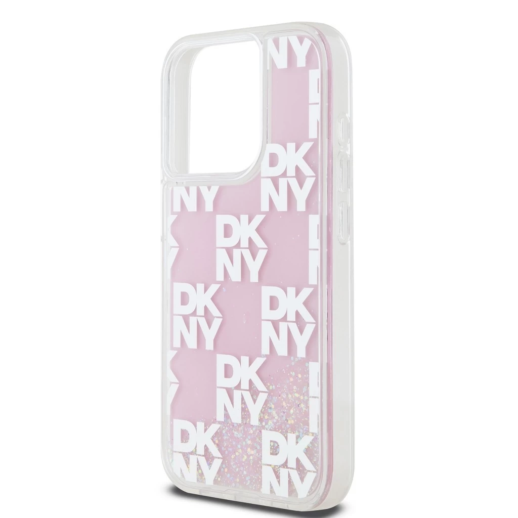DKNY Liquid Glitter Checkered Pattern tok iPhone 15 Pro készülékhez rózsaszín