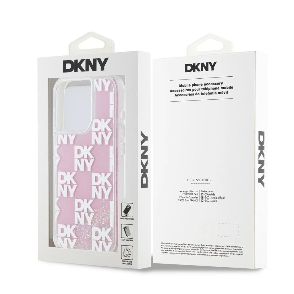 DKNY Liquid Glitter Checkered Pattern tok iPhone 15 Pro készülékhez rózsaszín