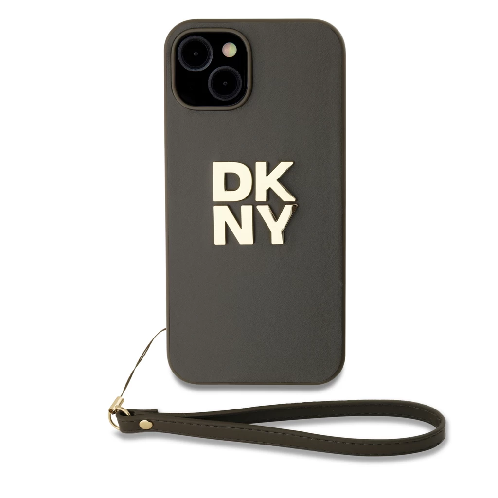 DKNY PU Leather Stack Logo csuklópántos tok iPhone 13 készülékhez barna