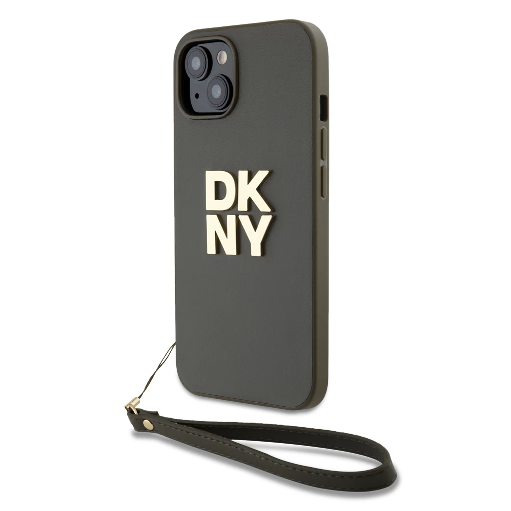 DKNY PU Leather Stack Logo csuklópántos tok iPhone 13 készülékhez barna