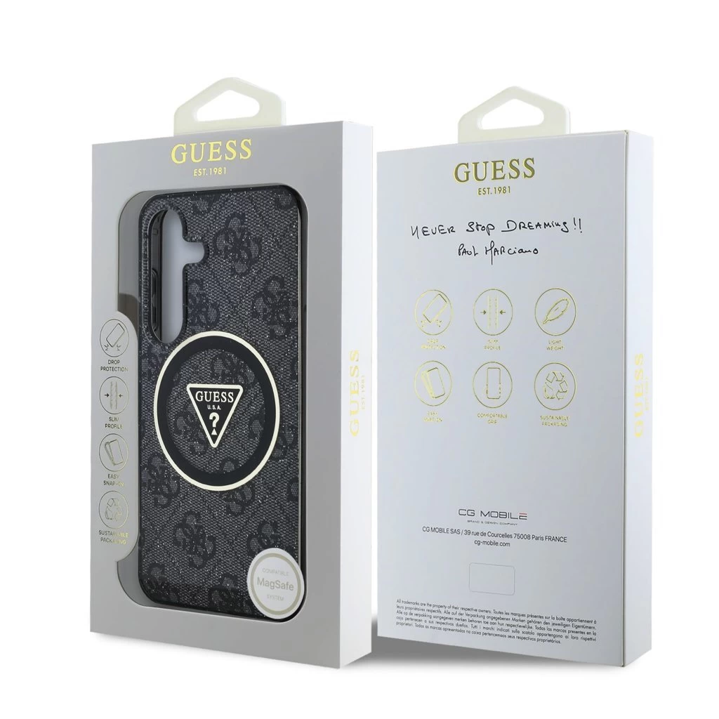 Guess IML 4G Glitter and Triangle Logo MagSafe tok Samsung Galaxy S25 készülékhez fekete
