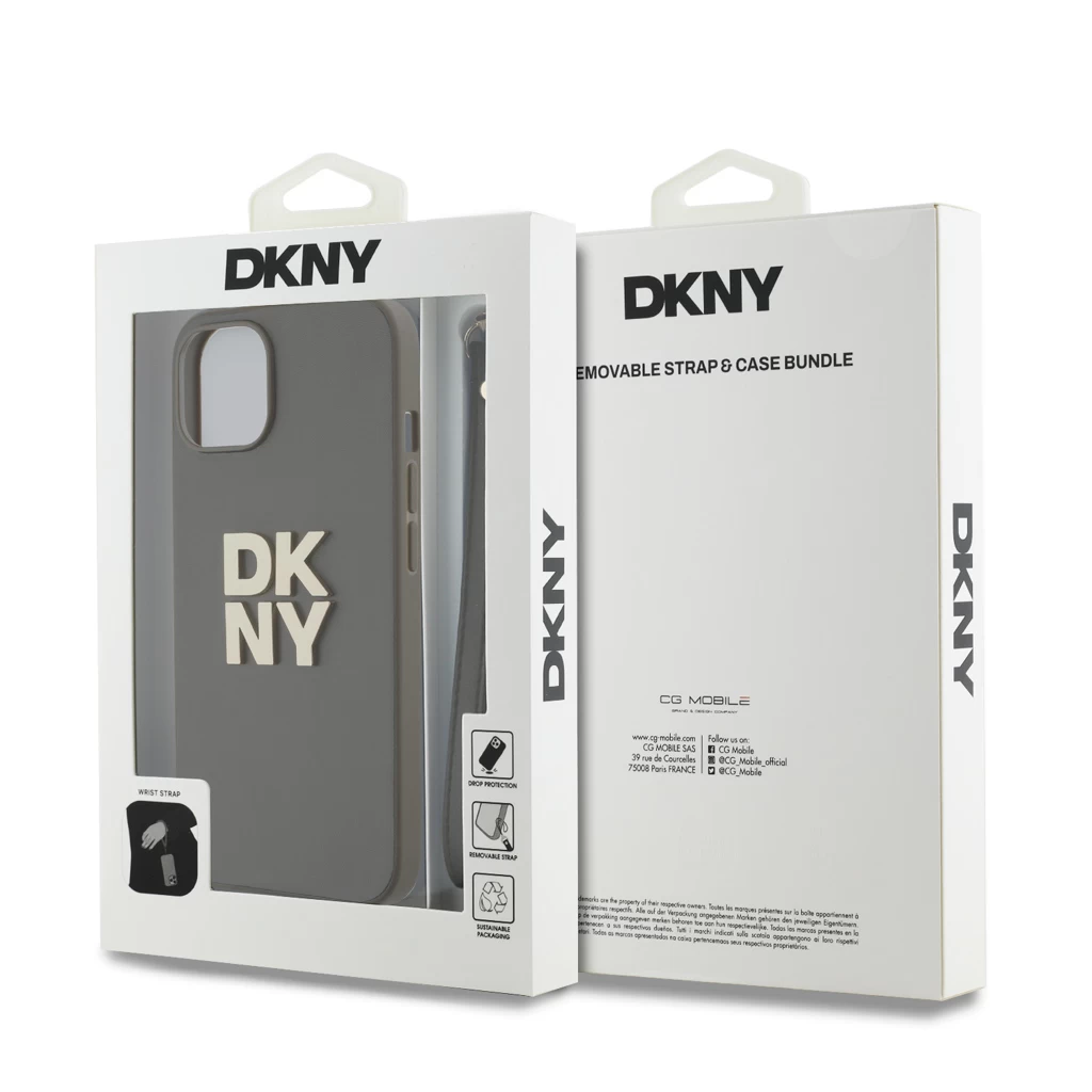 DKNY PU bőr Stack Logo csuklópántos tok iPhone 14 készülékhez barna