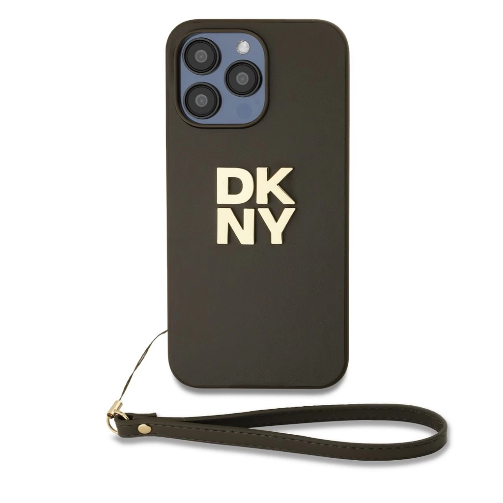 DKNY PU Leather Stack Logo csuklópántos tok iPhone 15 Pro készülékhez barna