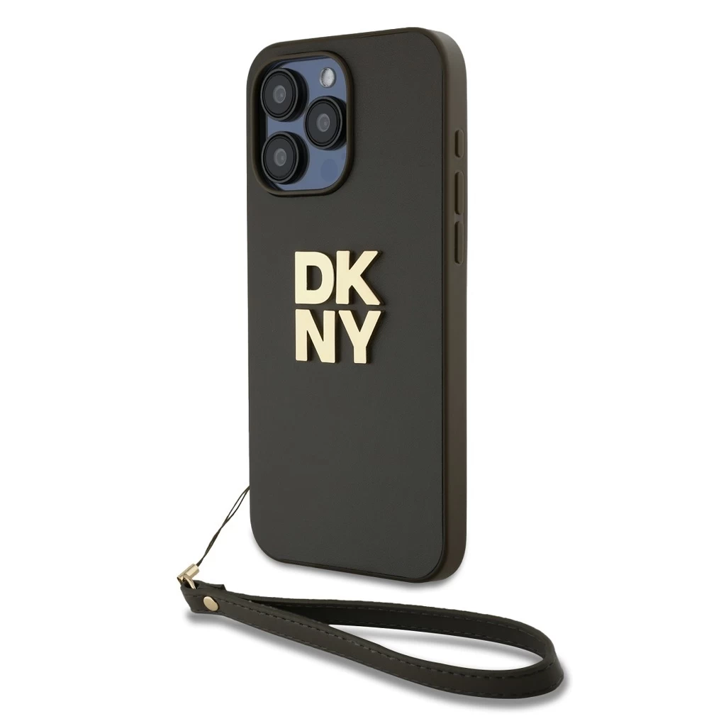 DKNY PU Leather Stack Logo csuklópántos tok iPhone 15 Pro készülékhez barna