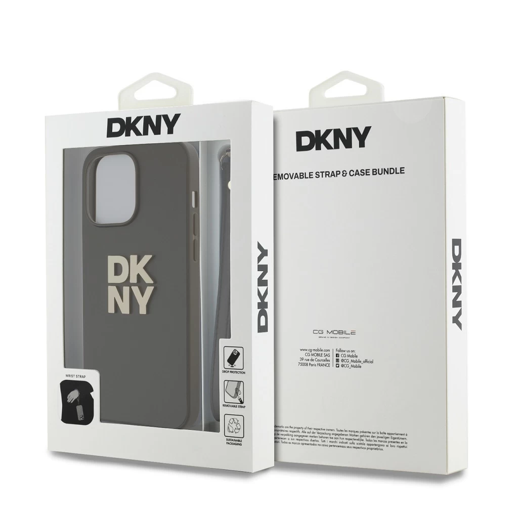 DKNY PU Leather Stack Logo csuklópántos tok iPhone 15 Pro készülékhez barna