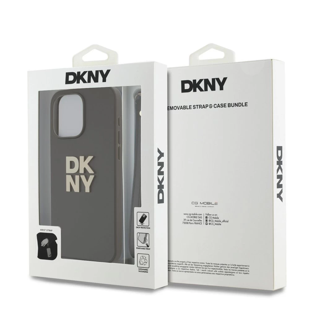 DKNY PU bőr Stack Logo csuklópántos tok iPhone 15 Pro Max készülékhez barna