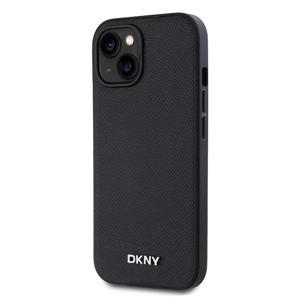 DKNY PU bőr ezüst fém logó Magsafe tok iPhone 14 készülékhez fekete