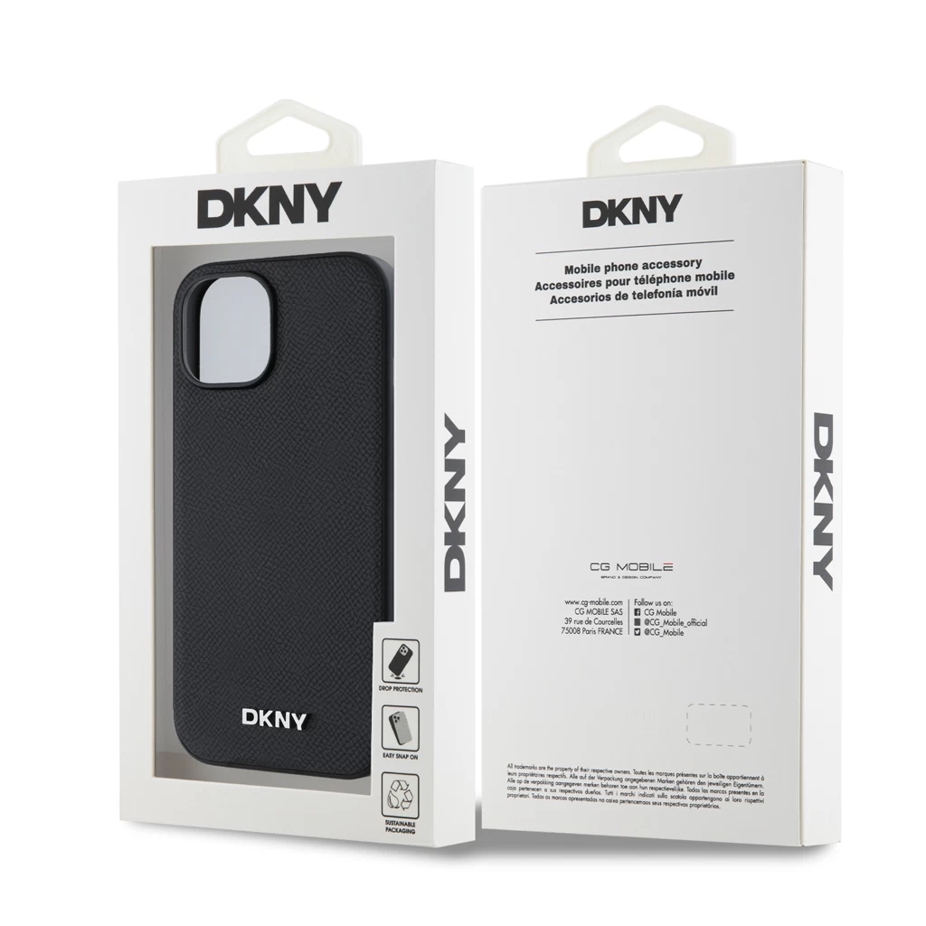 DKNY PU bőr ezüst fém logó Magsafe tok iPhone 14 készülékhez fekete