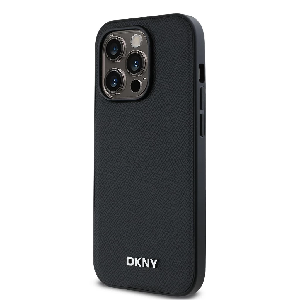 DKNY PU bőr Silver Metal Logo Magsafe tok iPhone 14 Pro készülékhez fekete