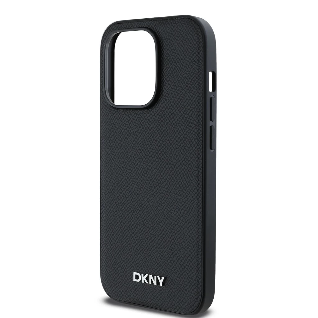 DKNY PU bőr Silver Metal Logo Magsafe tok iPhone 14 Pro készülékhez fekete