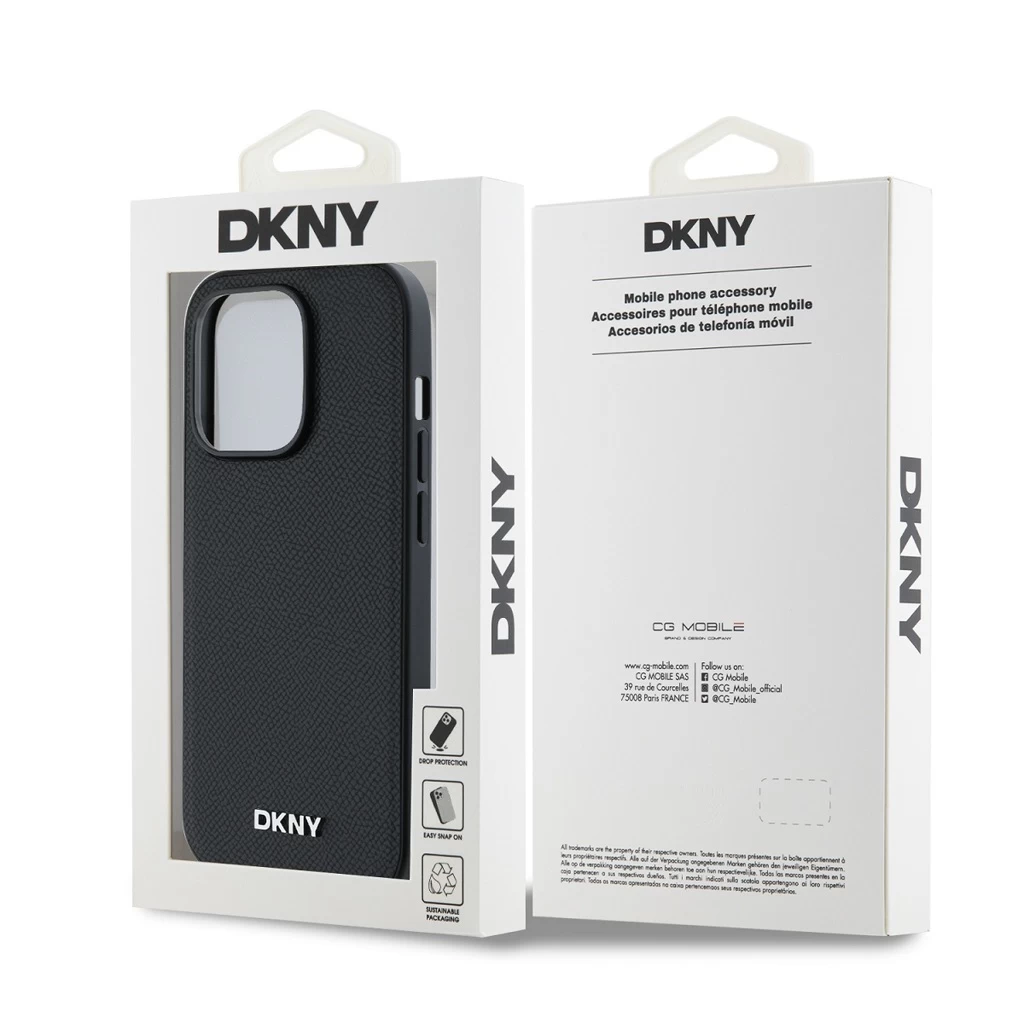 DKNY PU bőr Silver Metal Logo Magsafe tok iPhone 14 Pro készülékhez fekete