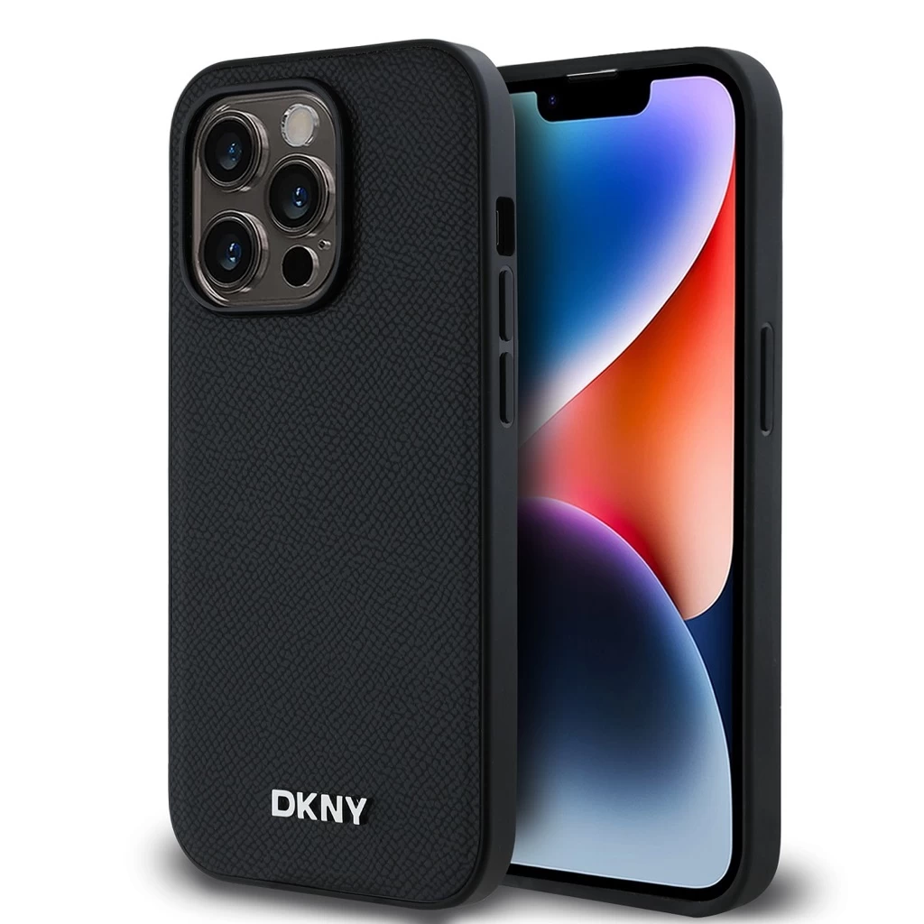 DKNY PU Leather Silver Metal Logo Magsafe tok iPhone 14 Pro Max készülékhez fekete