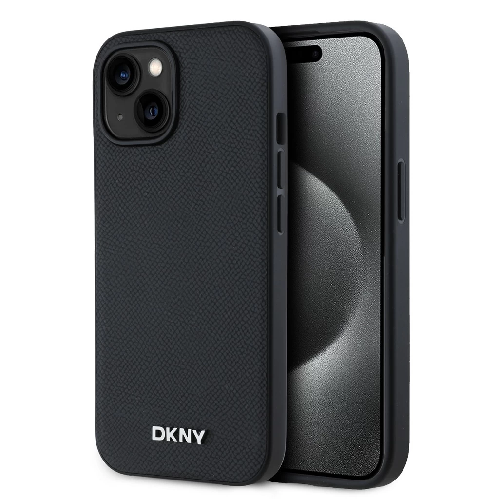 DKNY PU Leather Silver Metal Logo Magsafe tok iPhone 15 készülékhez fekete