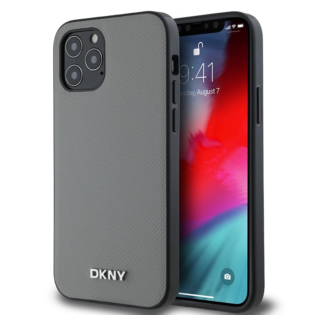DKNY PU Leather Silver Metal Logo MagSafe tok iPhone 12/12 Pro készülékhez szürke