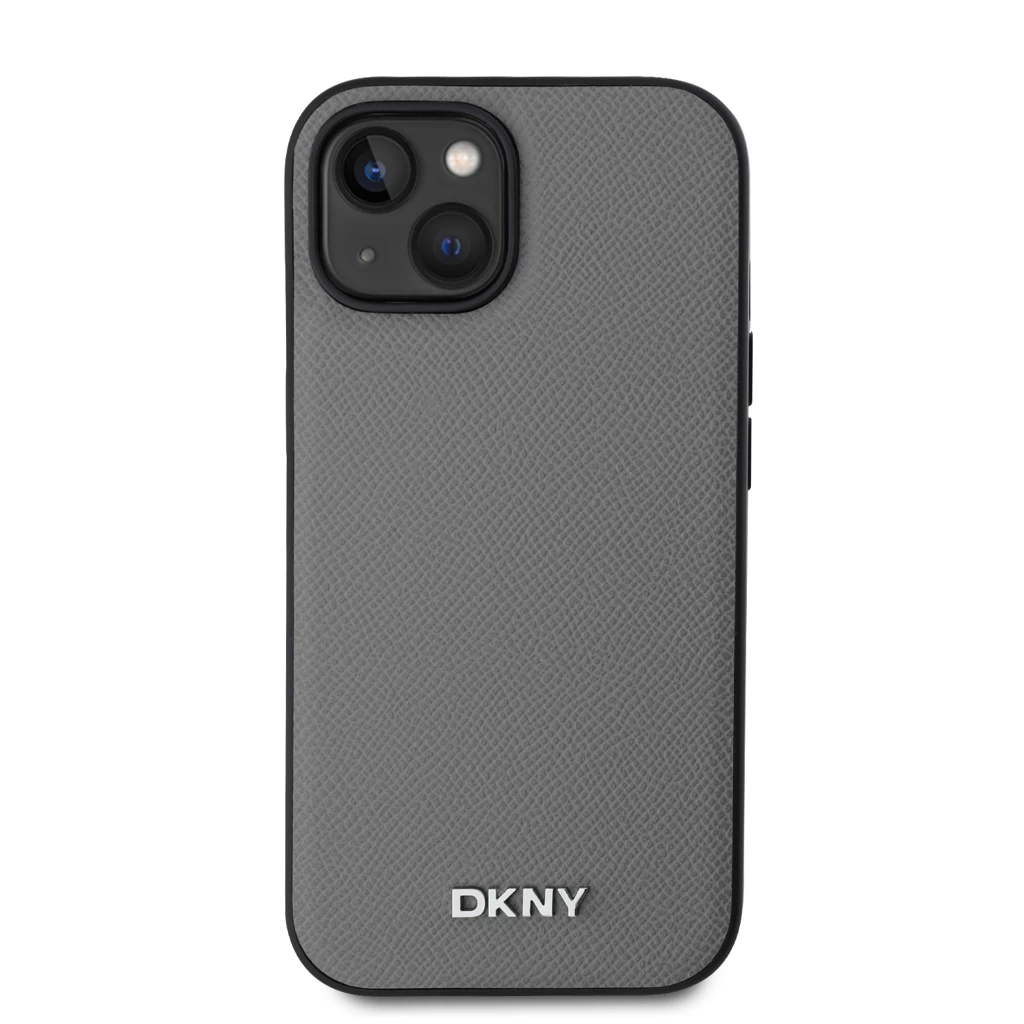 DKNY PU Leather Silver Metal Logo Magsafe tok iPhone 13 készülékhez szürke