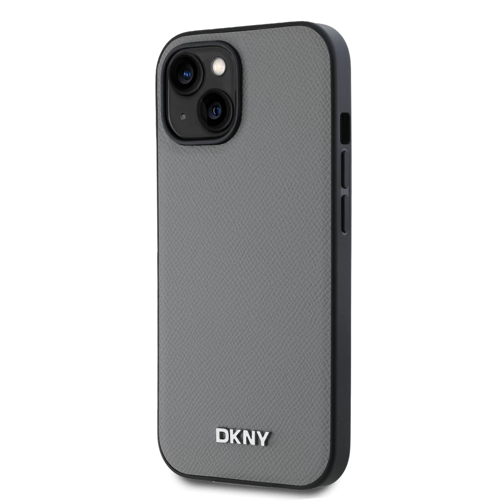 DKNY PU Leather Silver Metal Logo Magsafe tok iPhone 13 készülékhez szürke