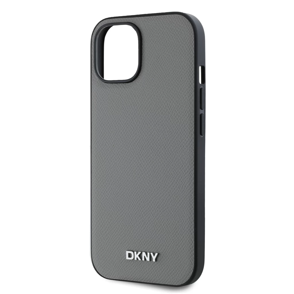 DKNY PU Leather Silver Metal Logo Magsafe tok iPhone 13 készülékhez szürke