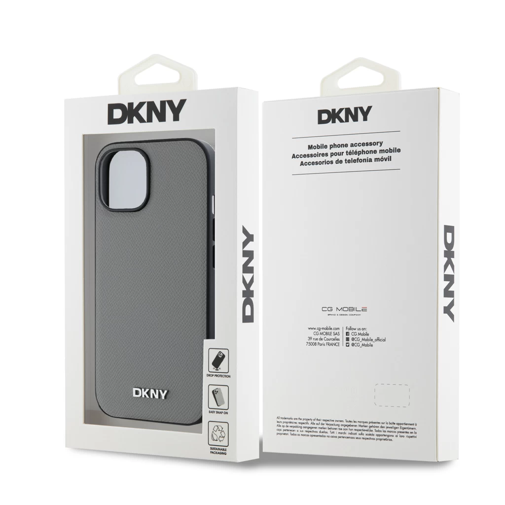 DKNY PU Leather Silver Metal Logo Magsafe tok iPhone 13 készülékhez szürke