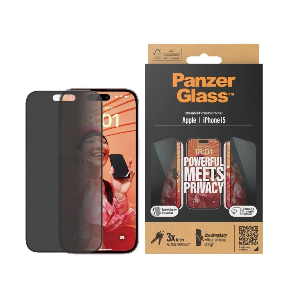 PanzerGlass Privacy edzett üveg kijelzővédő UWF Apple iPhone 15 készülékhez fekete