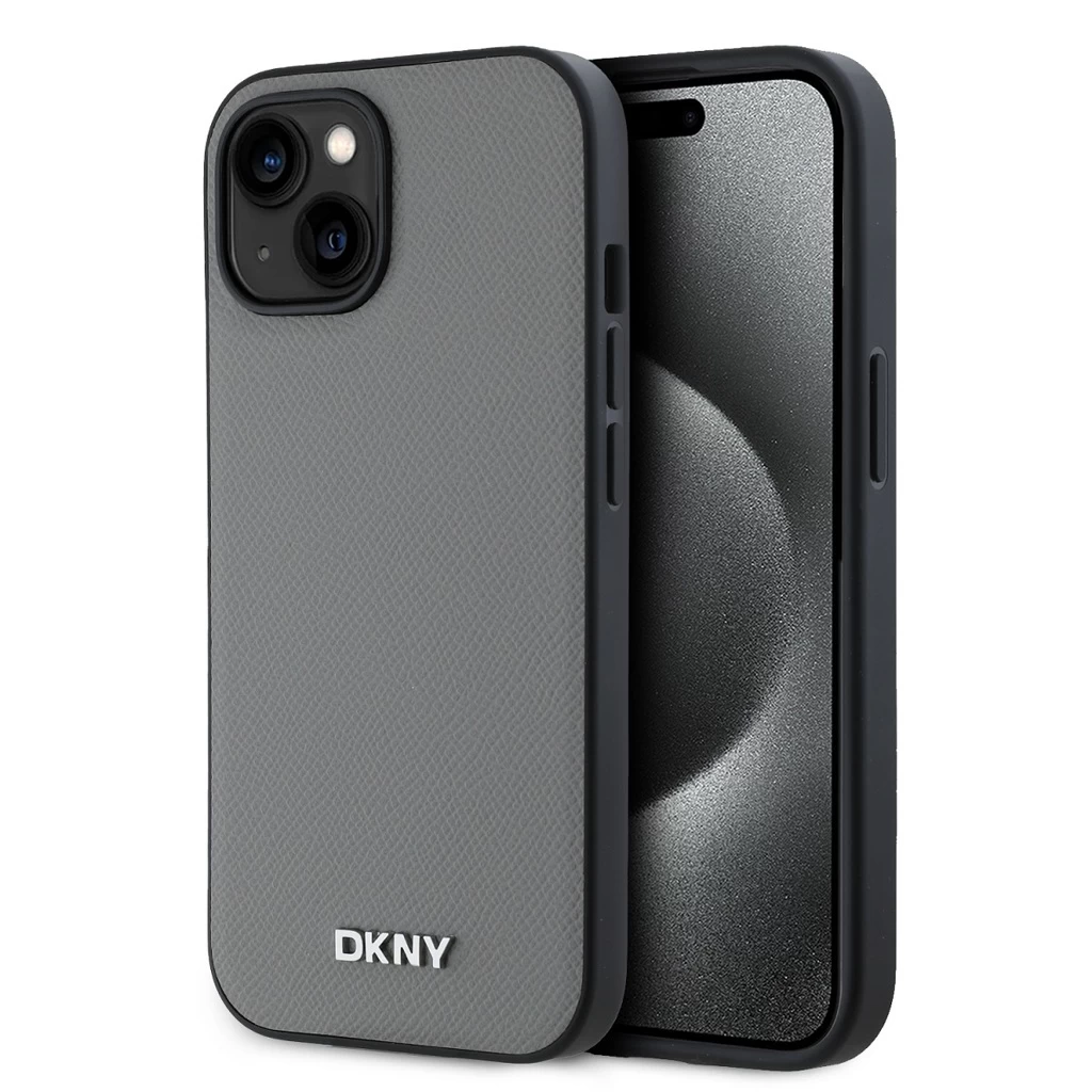 DKNY PU bőr ezüst fém logó Magsafe tok iPhone 15 készülékhez szürke