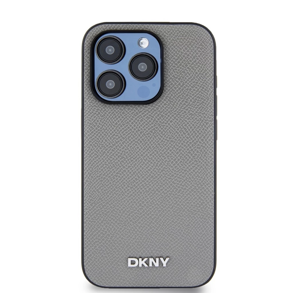 DKNY PU Leather Silver Metal Logo Magsafe tok iPhone 15 Pro készülékhez szürke