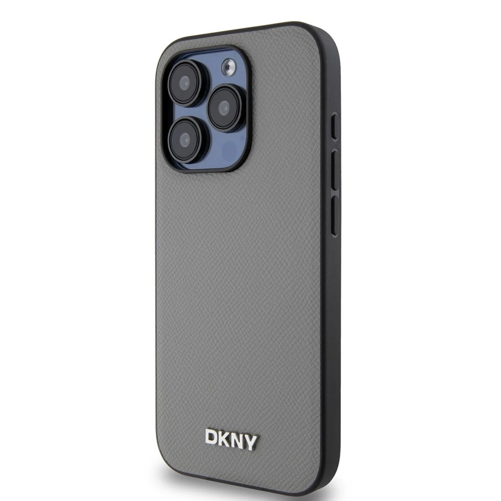 DKNY PU Leather Silver Metal Logo Magsafe tok iPhone 15 Pro készülékhez szürke