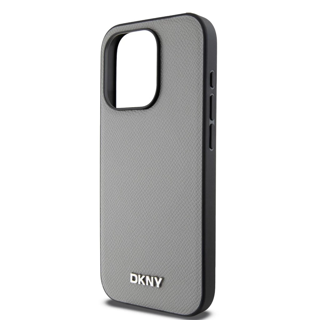 DKNY PU Leather Silver Metal Logo Magsafe tok iPhone 15 Pro készülékhez szürke