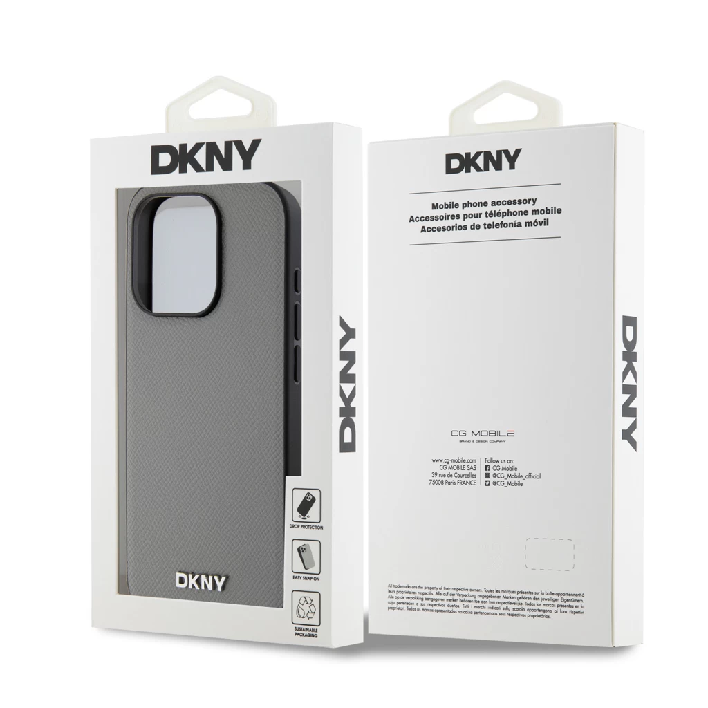 DKNY PU Leather Silver Metal Logo Magsafe tok iPhone 15 Pro készülékhez szürke