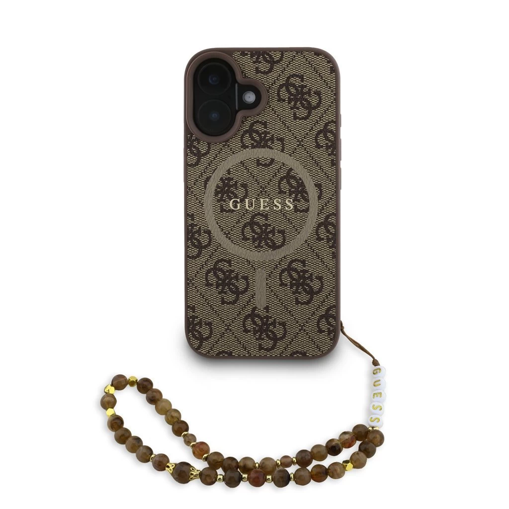 Guess PU bőr 4G színes gyűrűpánt MagSafe tok az iPhone 16 készülékhez, barna