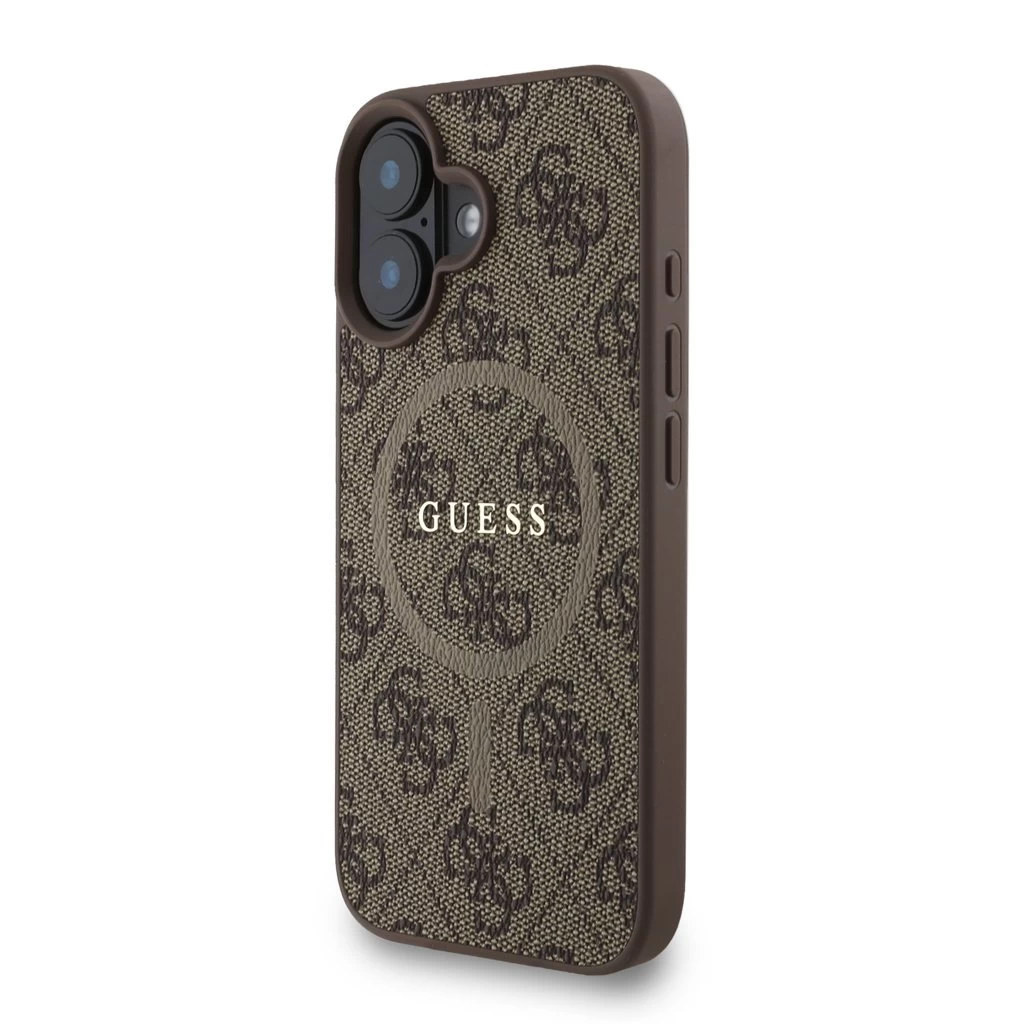 Guess PU bőr 4G színes gyűrűpánt MagSafe tok az iPhone 16 készülékhez, barna