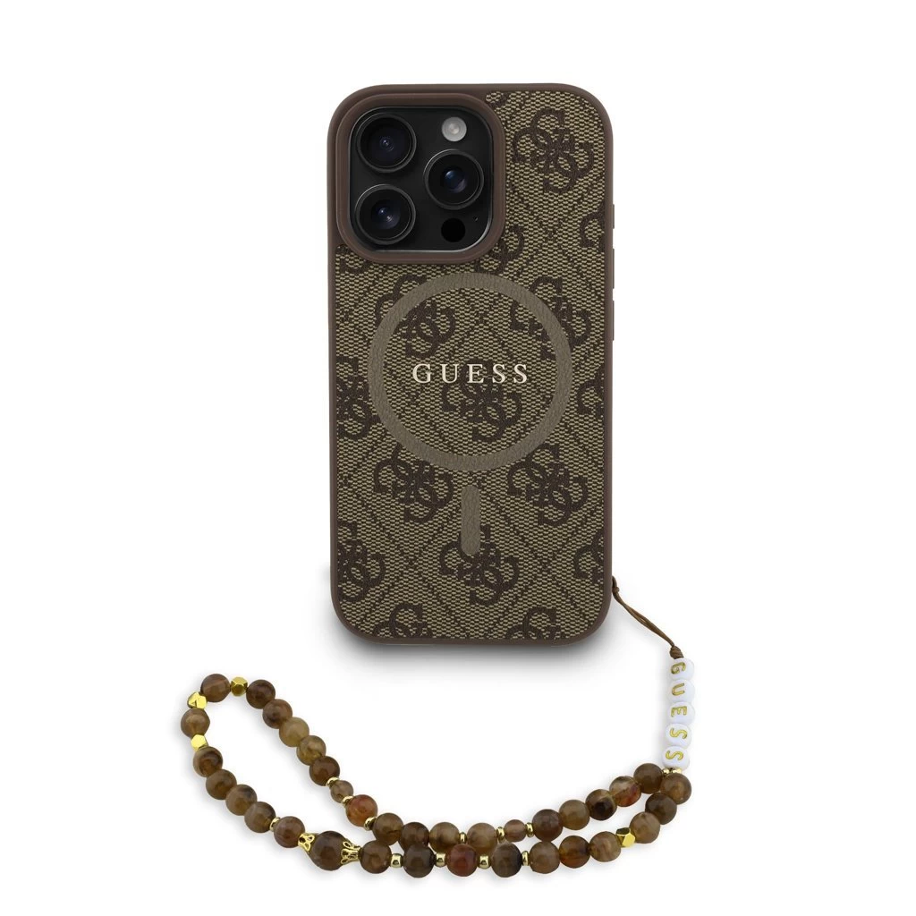 Guess PU bőr 4G színes gyűrűs pántos MagSafe tok iPhone 16 Pro készülékhez barna
