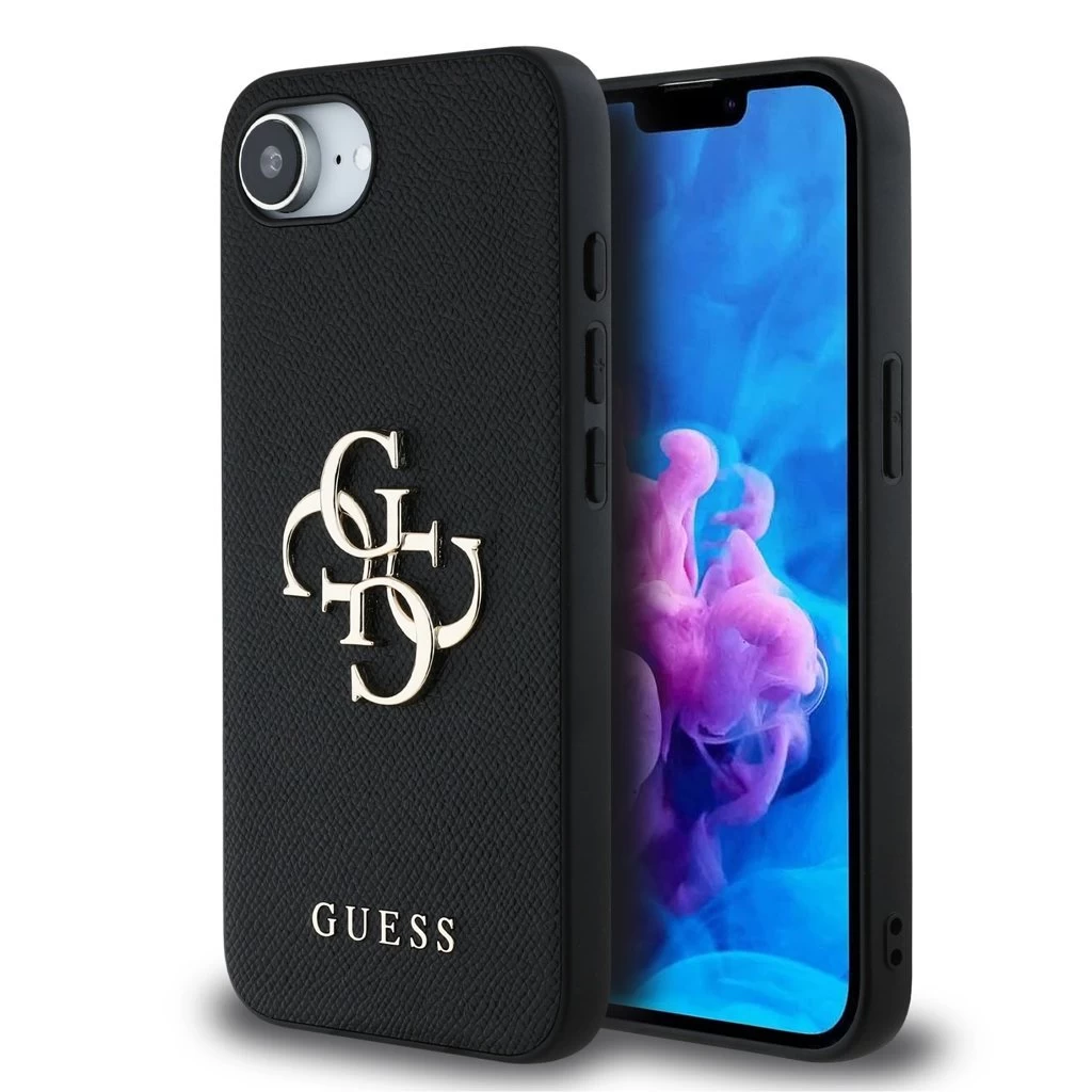 Guess PU Grained 4G Metal Logo tok iPhone 16e készülékhez fekete