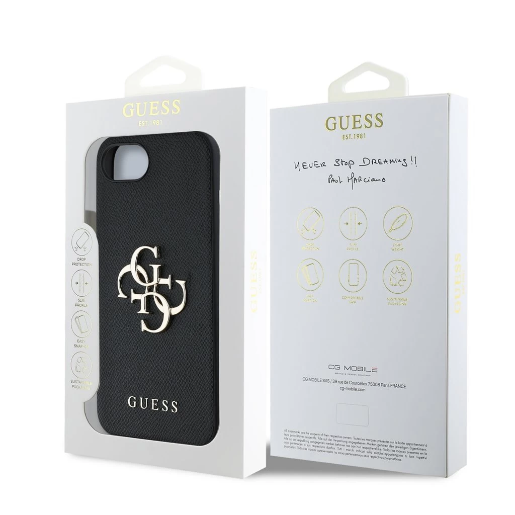 Guess PU Grained 4G Metal Logo tok iPhone 16e készülékhez fekete