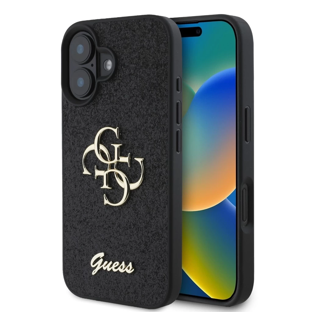 Guess PU Fixed Glitter 4G Metal Logo tok iPhone 16 Plus készülékhez fekete