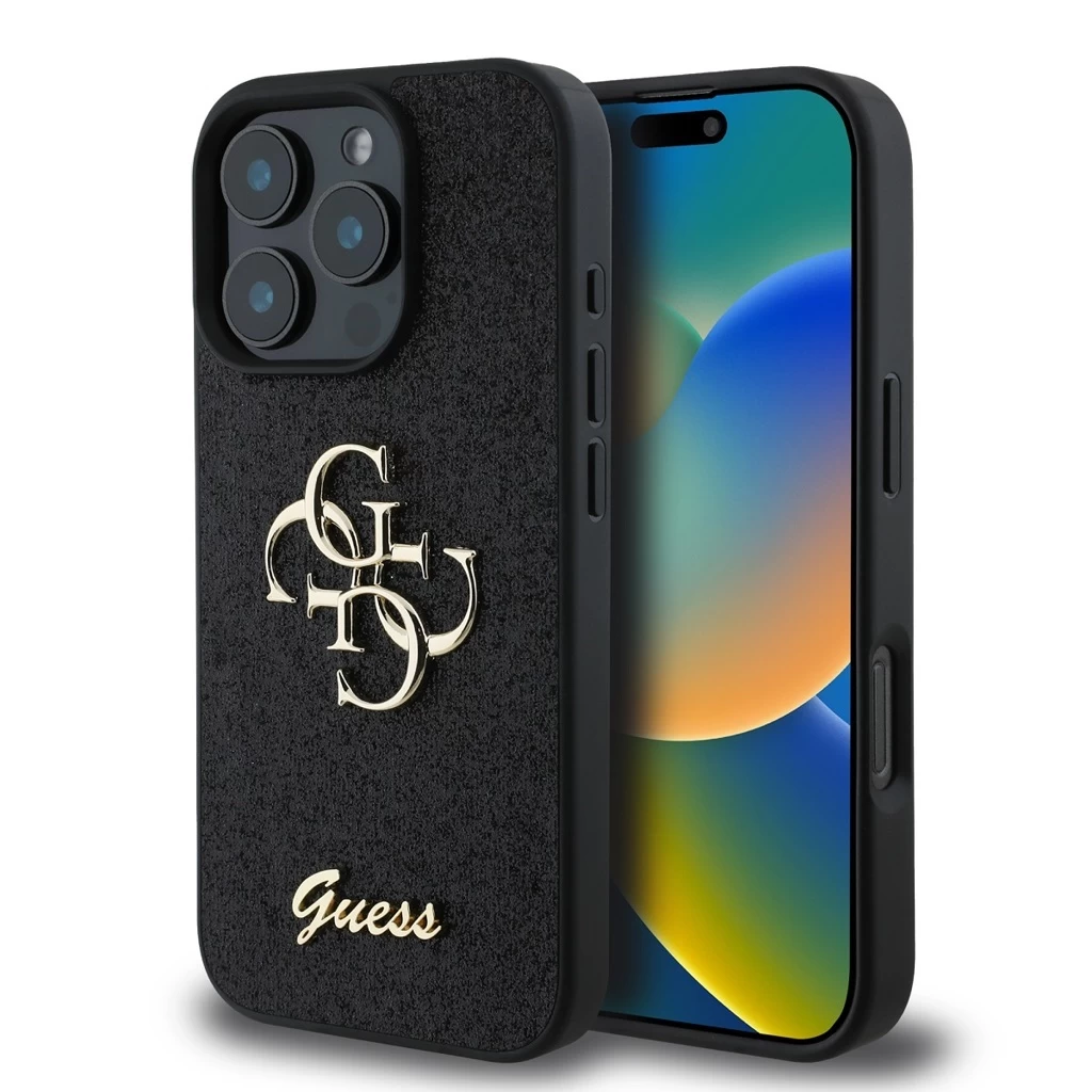 Guess PU Fixed Glitter 4G Metal Logo tok iPhone 16 Pro készülékhez fekete