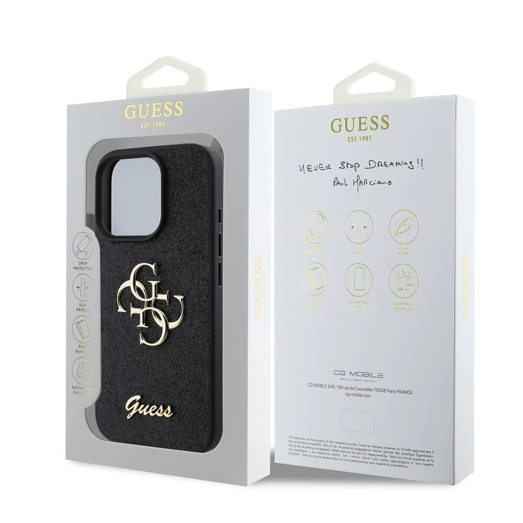Guess PU Fixed Glitter 4G Metal Logo tok iPhone 16 Pro készülékhez fekete