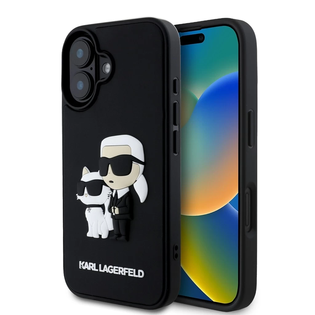 Karl Lagerfeld 3D Gumi Karl and Choupette tok iPhone 16 Plus készülékhez fekete