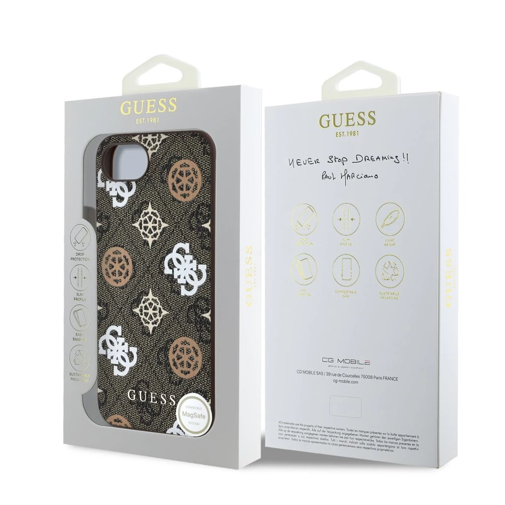 Guess PU 4G Peony MagSafe tok iPhone 16e készülékhez barna