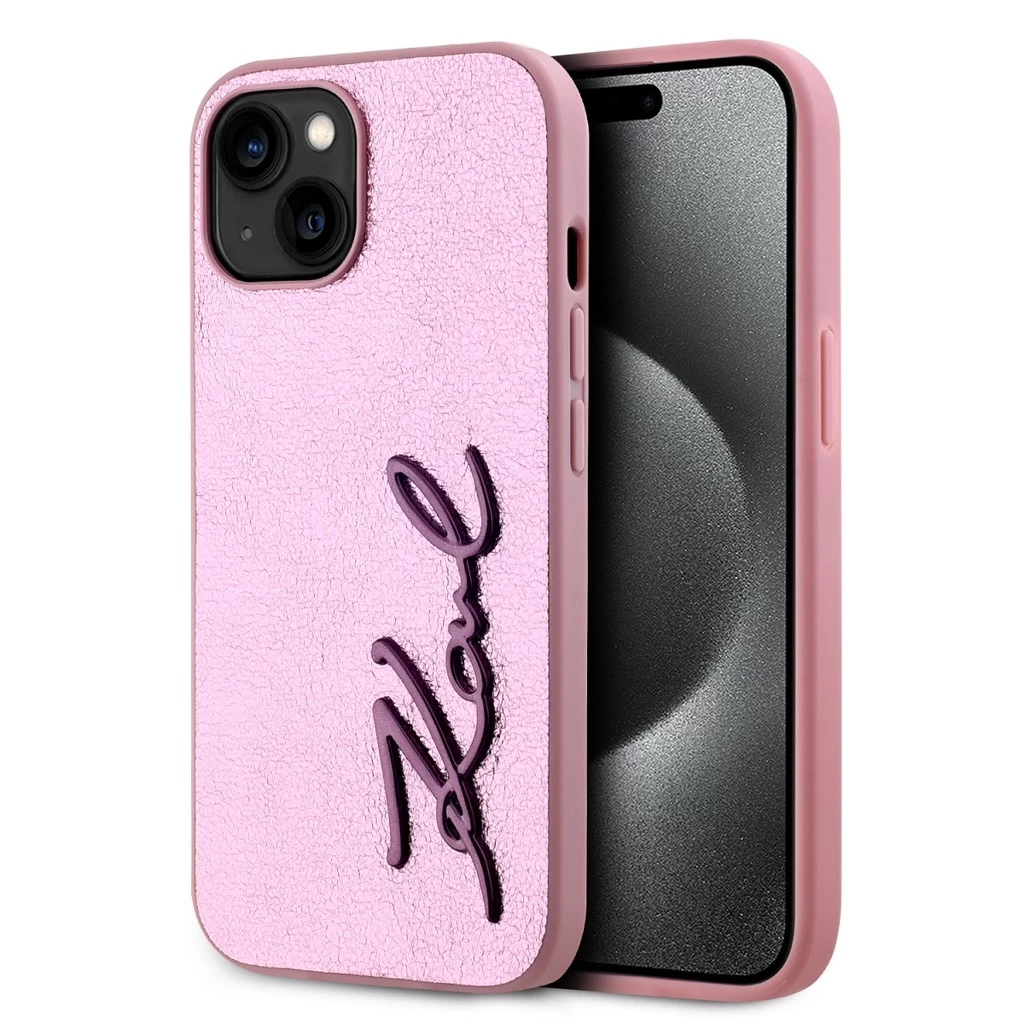 Karl Lagerfeld Wrinkled PU Signature Logo tok iPhone 15 készülékhez rózsaszín